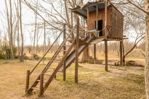 a wooden tree house with a ladder in a field at Complejo Atrapasueños in San Rafael