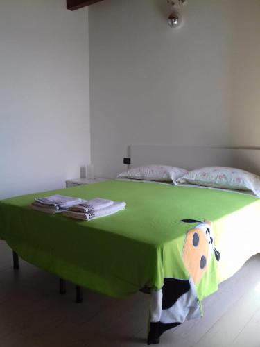 a green bed with pillows and a blanket on it at Agriturismo Cascina Lert in Marone