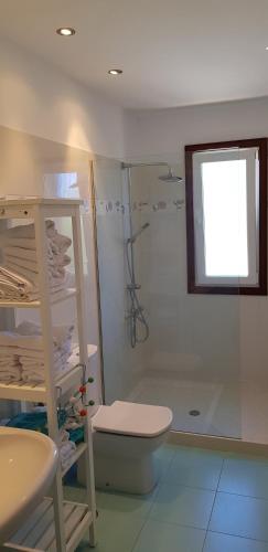 a bathroom with a shower and a toilet and a sink at Casa De La Vaca in Mazo