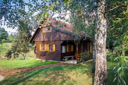 a small house in a field with a tree at Kuća za odmor Cindrić in Slunj