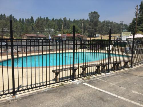 a swimming pool behind a fence with two benches at Holiday Lodge in Grass Valley