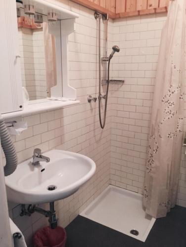 a bathroom with a sink and a shower at Garni Hirsch in Canazei