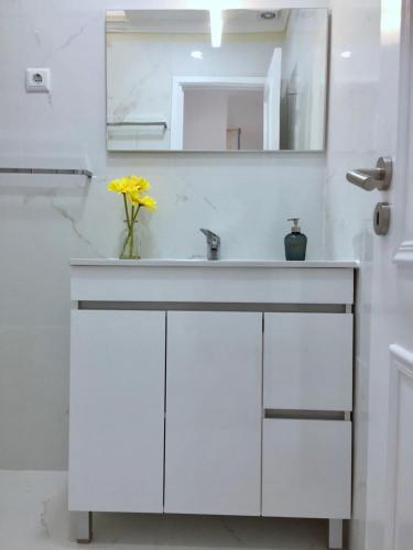 a bathroom with a white sink and a mirror at Flipflops Apartment in Nazaré