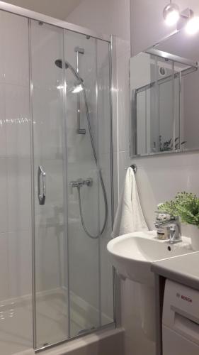 a white bathroom with a shower and a sink at Na Prusa in Szklarska Poręba