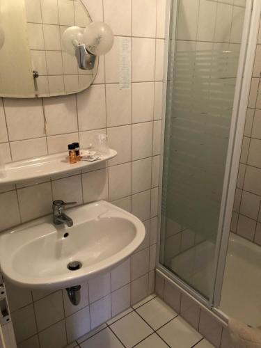 ein Bad mit einem Waschbecken und einer Dusche in der Unterkunft Darmstädter Hof in Mainz