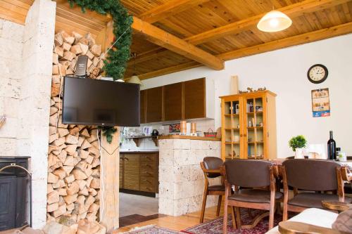 Elle comprend un salon avec une cheminée et une télévision murale. dans l'établissement Villa Moutain View, à Žabljak