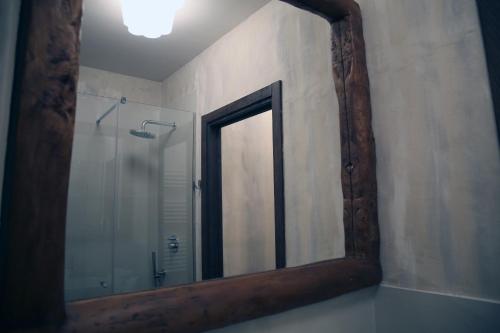a mirror in a bathroom with a shower at La Canonica - charming self-catering apartments in Nizza Monferrato in Nizza Monferrato