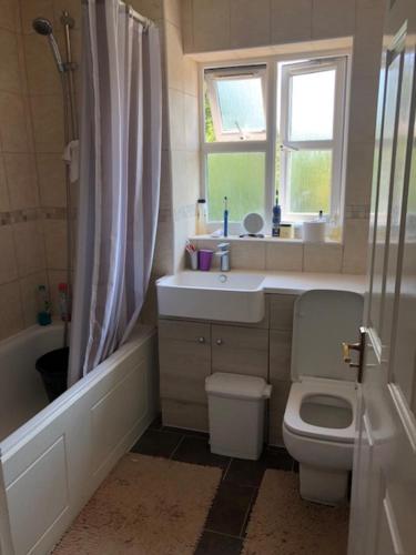 ein Bad mit einem WC, einem Waschbecken und einer Dusche in der Unterkunft Spacious 3-Bedroom Home in Colchester