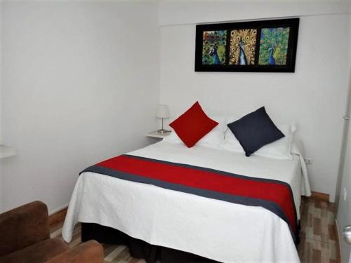 Un dormitorio con una cama blanca con almohadas rojas y azules en Guest Home Valto & Ziron en Arica