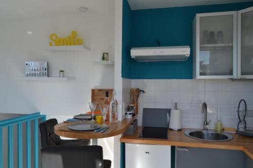 a small kitchen with a sink and a table at Le petit studieux - Parking - Animaux acceptés - Centre ville accessible à pied in Albi