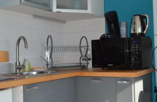 a kitchen counter with a microwave and a sink at Le petit studieux - Parking - Animaux acceptés - Centre ville accessible à pied in Albi