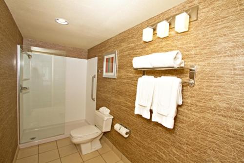 a bathroom with a shower and a toilet and towels at Holiday Inn Express Port Hueneme by IHG in Port Hueneme