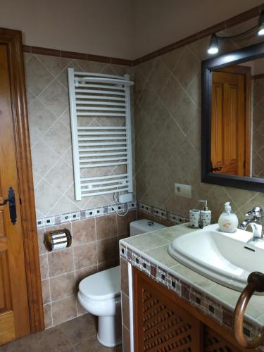 a bathroom with a sink and a toilet and a mirror at Casa Collao 24 in Sierra