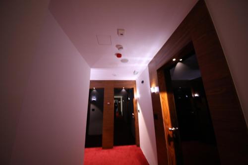 a hallway with a red carpet and a mirror at Hotel Scala d'Oro in Vodice
