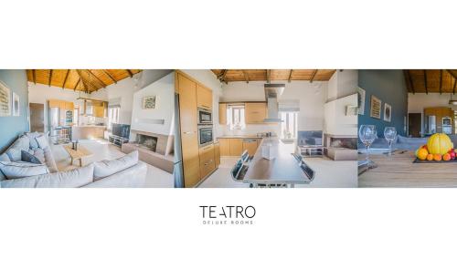 two pictures of a living room and a kitchen at Teatro Villa in Kato Rodini