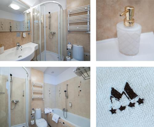 3 fotografias de uma casa de banho com um chuveiro e um lavatório em Hotel Mościcki em Spała