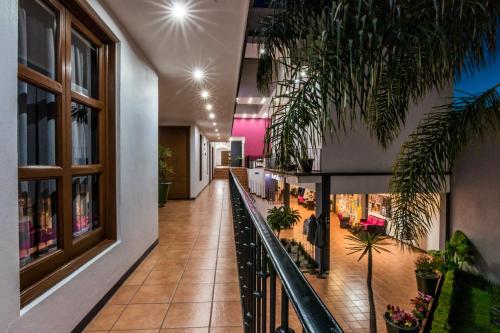 a hallway in a building with potted plants at Hotel del Marquesado in Oaxaca City