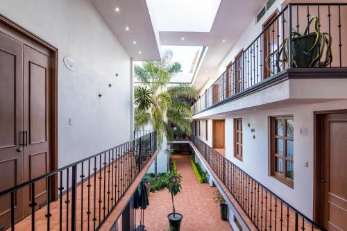an indoor hallway of a building with stairs and plants at Hotel del Marquesado in Oaxaca City
