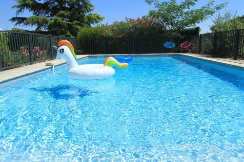 a swimming pool with a swan float in the water at le mas des cerisiers le temple sur lot in Le Temple-sur-Lot
