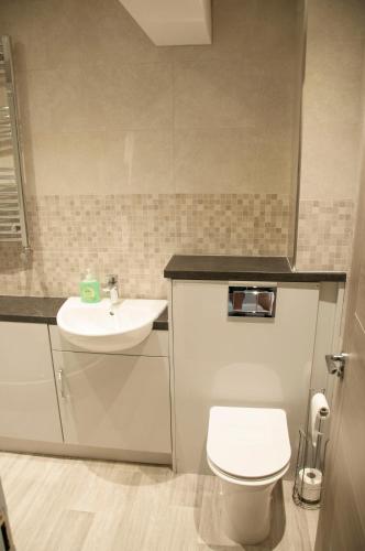 a bathroom with a white toilet and a sink at The Square Guest Apartment in Stewartstown