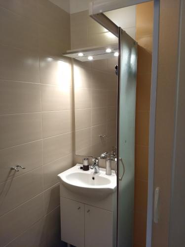 a bathroom with a sink and a mirror at Apartman Tariba in Supetarska Draga
