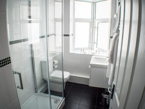 a bathroom with a toilet and a glass shower at Mereside in Douglas