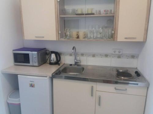 a small kitchen with a sink and a microwave at Villa Espero in Trogir