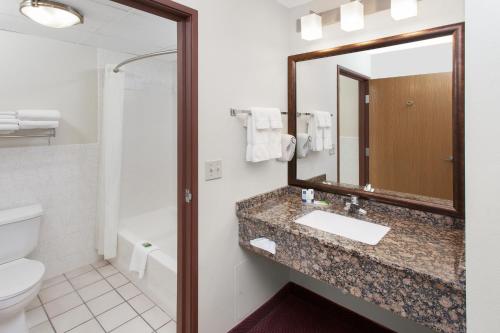 a bathroom with a sink and a toilet and a mirror at AmericInn by Wyndham Iowa Falls in Iowa Falls