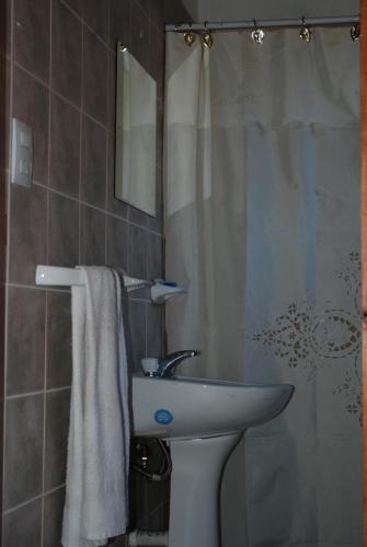 a bathroom with a sink and a shower curtain at Cabañas Wenelcklén in Uspallata