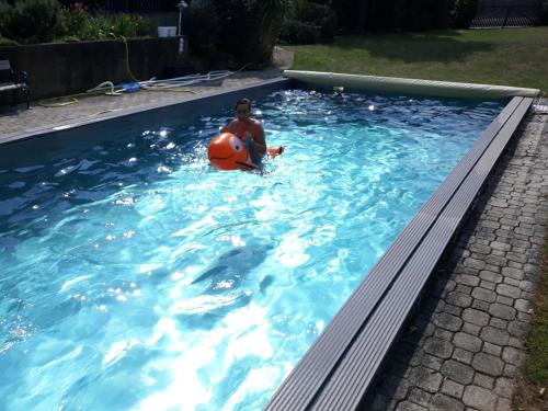 a boy in a pool with a ball and a ball at Vermieterei in Oberwölbling