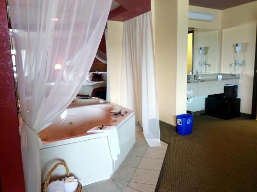 een badkamer met een bad en een douchegordijn bij Madelia Hotel & Suites in Madelia