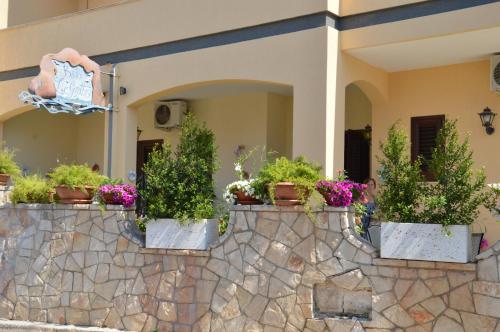 a group of potted plants on a stone wall at Le Grotte in Castro di Lecce