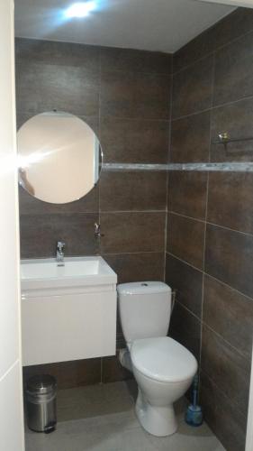 a bathroom with a toilet and a sink and a mirror at Hôtel des Arcades in Reims