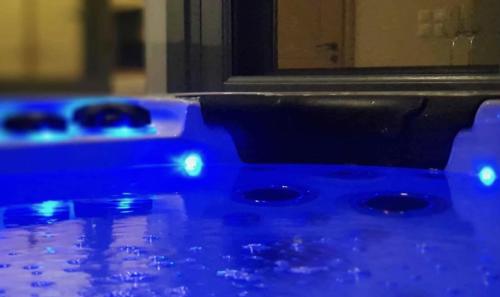 a close up of blue lights on a table at villa aneme Spetses in Spetses