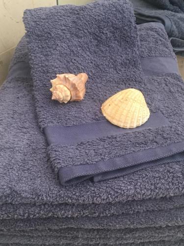 a bed with purple sheets and a shell on it at Golf Residence Apartment in Vilamoura