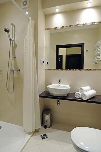 a bathroom with a shower and a sink and a toilet at Albatros Spa & Ski in Jarosławiec