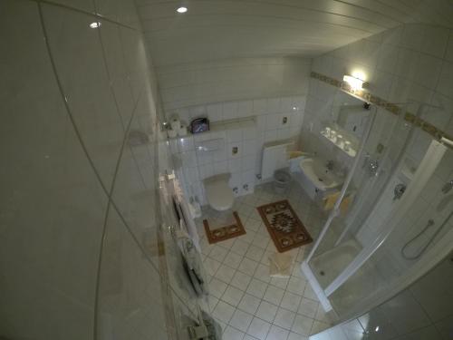 a bathroom with a shower and a toilet and a sink at Gastehaus Reichle in Tannheim