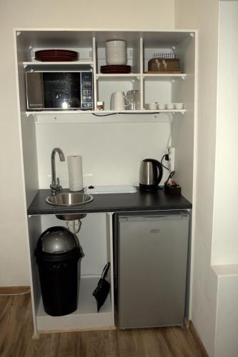 a kitchen with a counter with a sink and a microwave at Boer & Brit in Graaff-Reinet