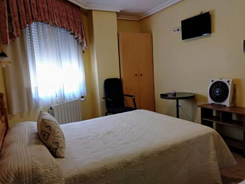 a bedroom with a bed and a window with a television at Hostal Almenara in Paterna del Madera
