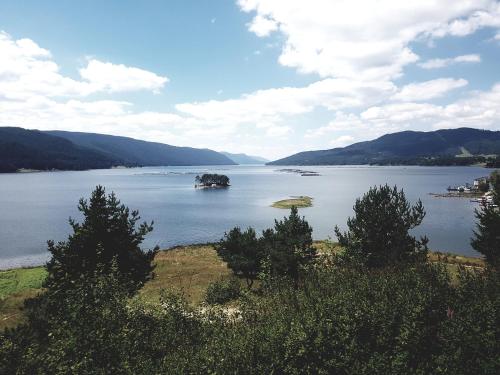 a large lake with a small island in the water at Hotel Zenit Satovcha in Satovcha