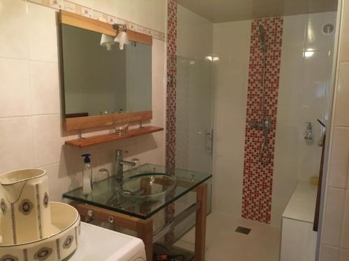a bathroom with a sink and a shower at Gite S'Hiesla in Rammersmatt