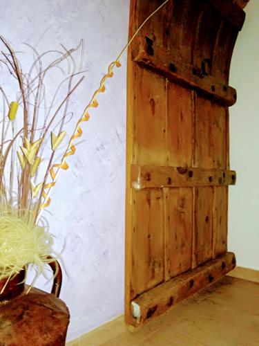 an old wooden door next to a vase with a plant at Hostal Almenara in Paterna del Madera