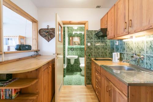 cocina con armarios de madera, lavabo y ducha en Apartamenty Nowotarskie, en Zakopane