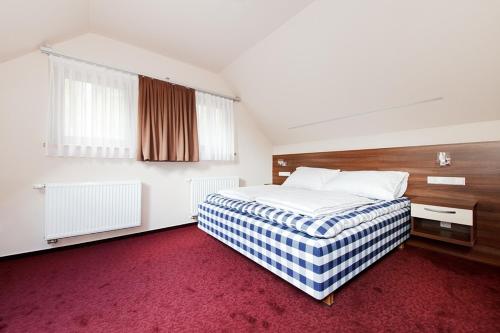 a bedroom with a large bed and a red carpet at Černá louže in Branžež
