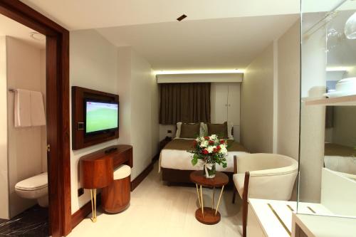 a hotel room with a bed and a television at Victory Hotel & Spa Istanbul in Istanbul