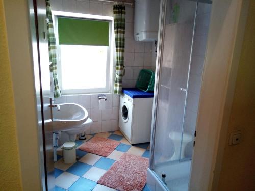 a bathroom with a sink and a washing machine at Haus Stefanie in Niederburg