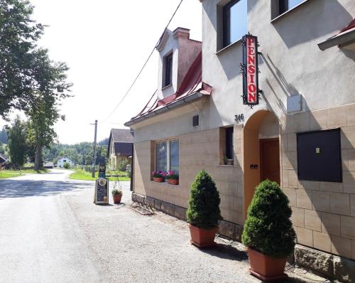 a building with a sign on the side of it at Pension u Adršpachu - Dana Tyšerová in Janovice