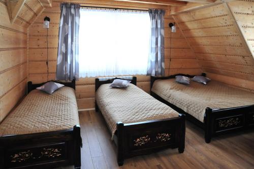 three beds in a room with a window at Jodłowy Dworek in Bukowina Tatrzańska