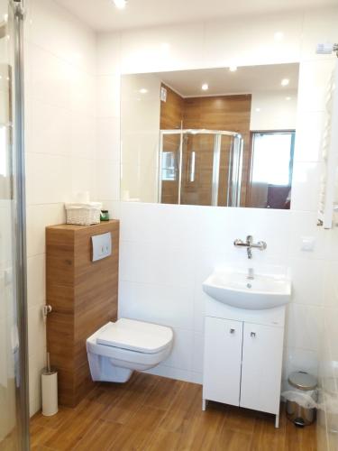 een badkamer met een toilet en een wastafel bij Apartament in Hajnówka