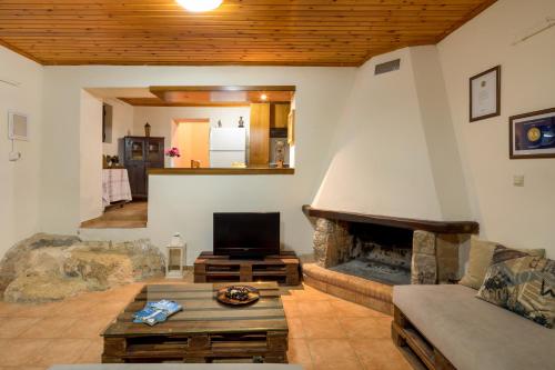 a living room with a couch and a fireplace at Lithari in Kámboi